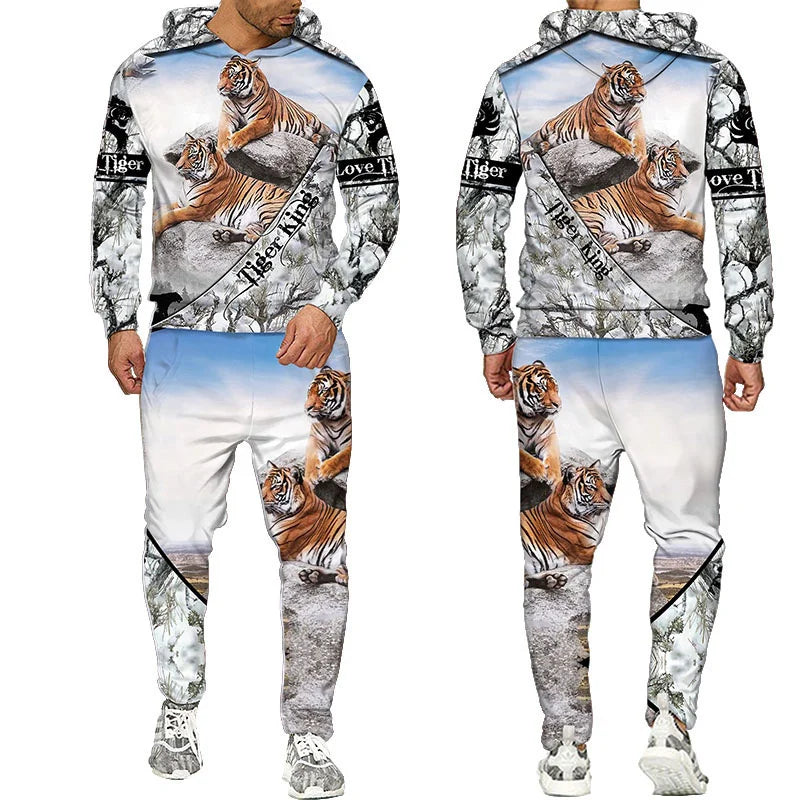 Novo Hooded Moletom e Calça 3D de Tigre Impresso Legal para Homens/Mulheres 2 Peças Conjunto de Roupas Esportivas Conjunto de Agasalho Outono e Inverno Roupas Masculinas