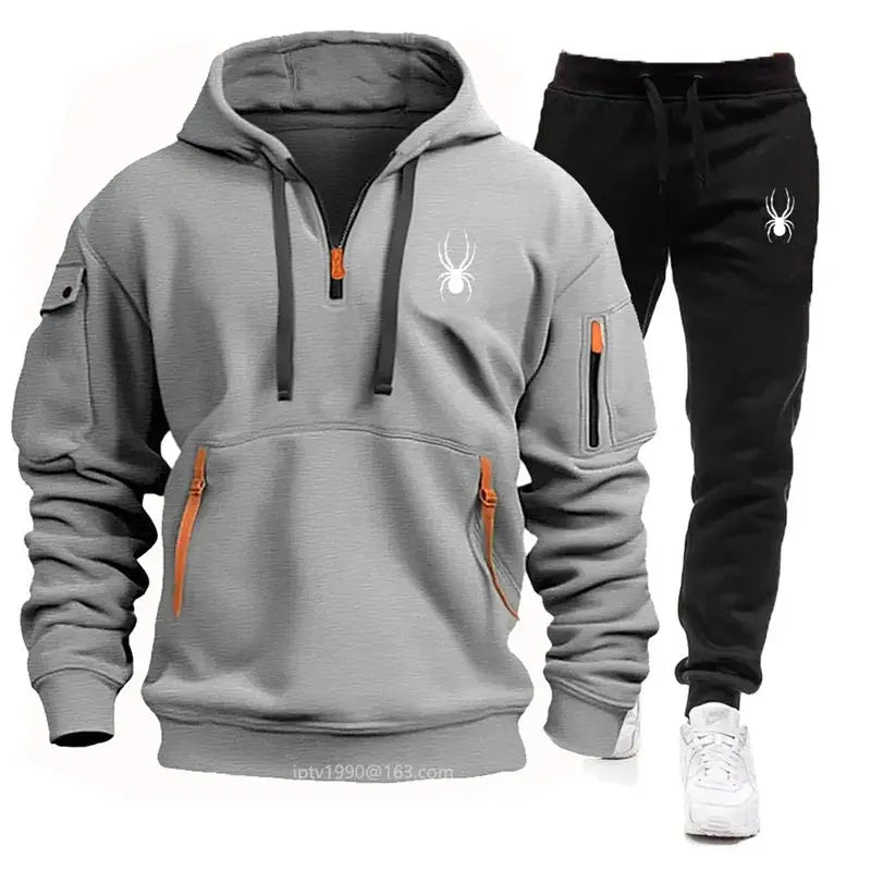 2025 new Spring and Autumn men's multi-pocket zipper hoodie + sweatpants two-piece jogging leisure fitness sports clothing set