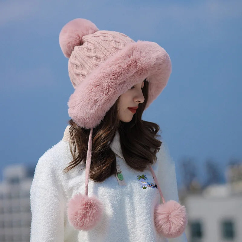 2025 new imitation rabbit fur warm winter hat for women cute thick white fluffy ball hat earmuffs slippers plush hat