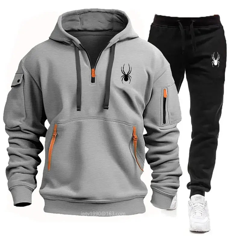 2025 new Spring and Autumn men's multi-pocket zipper hoodie + sweatpants two-piece jogging leisure fitness sports clothing set