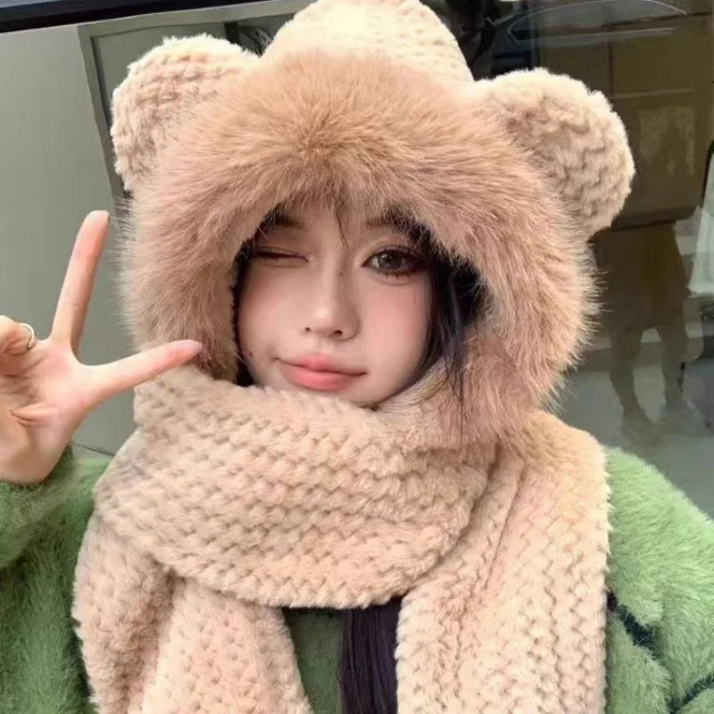 New Style Cartoon Cute Winter warm bear three-piece hat scarf gloves cute thick velvet hat Outdoor Cycling Warmth Artifact Plush