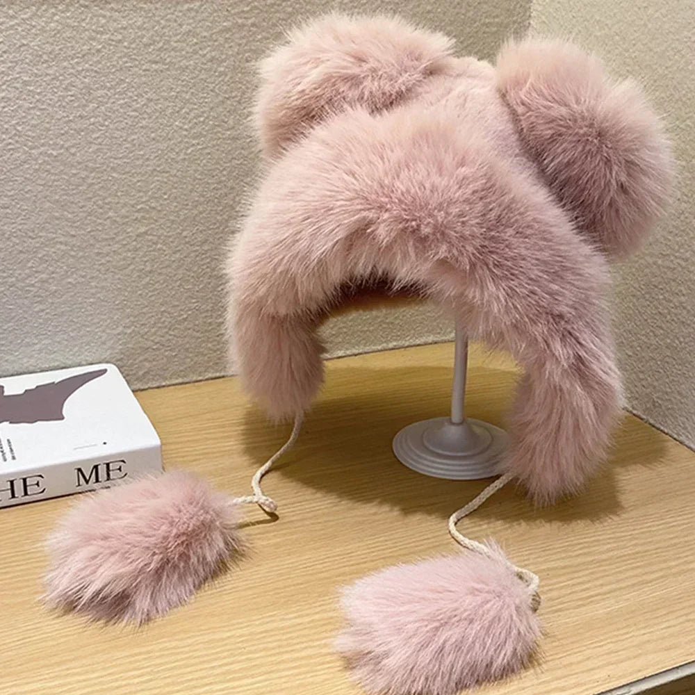 Chapéu de inverno feminino fofinho com orelhas de urso Kawaii, gorro de pele de raposa imitação de vison, pelúcia grossa, chapéu estilo japonês com proteção para as orelhas, boné para cosplay.