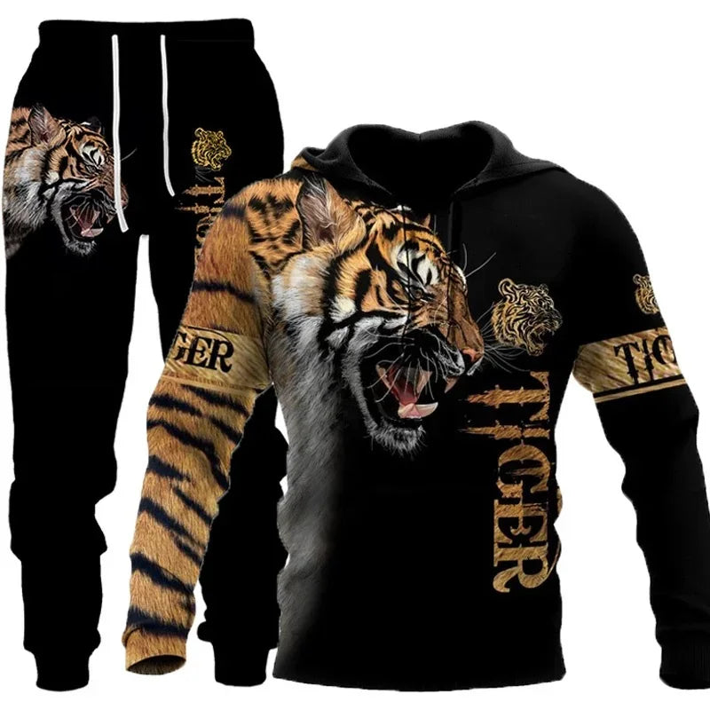 Novo Hooded Moletom e Calça 3D de Tigre Impresso Legal para Homens/Mulheres 2 Peças Conjunto de Roupas Esportivas Conjunto de Agasalho Outono e Inverno Roupas Masculinas