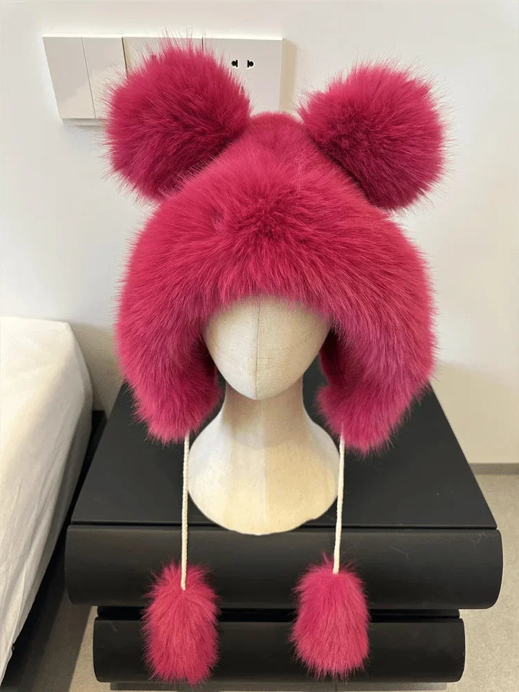 Chapéu de inverno feminino fofinho com orelhas de urso Kawaii, gorro de pele de raposa imitação de vison, pelúcia grossa, chapéu estilo japonês com proteção para as orelhas, boné para cosplay.