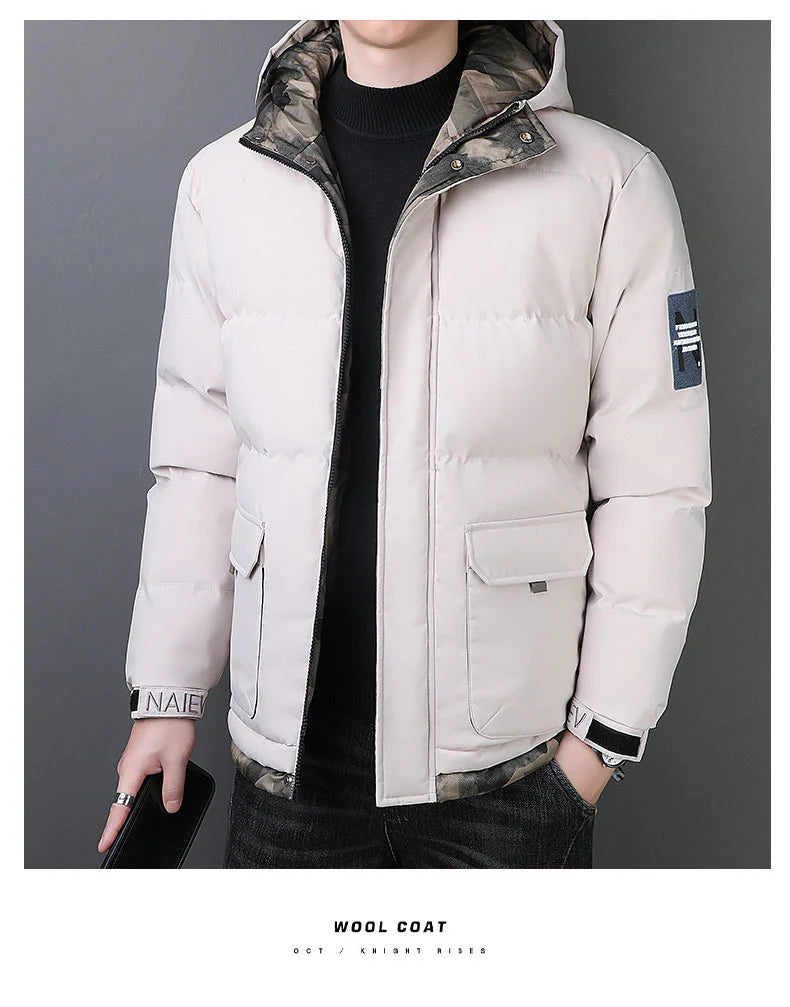 Novo Casaco de Algodão Forrado Moda Masculina Inverno Marca Capuz À Prova de Vento Down Algodão Casaco Quente Masculino Parka de Esqui Espessante Coreano