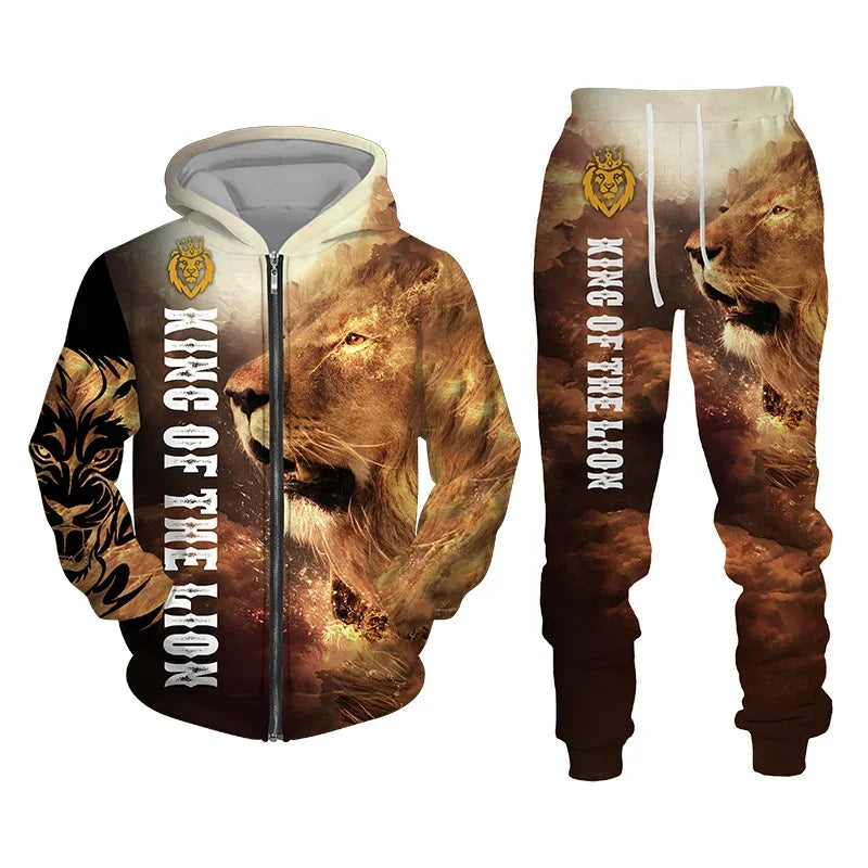 Conjunto de Moletom com Capuz com Zíper para Homens, Roupas de Outono Inverno, Conjunto de Treino, Impressão 3D de Animal Leão, Moletons e Calças, Roupas Casuais Oversize, Alta Qualidade.