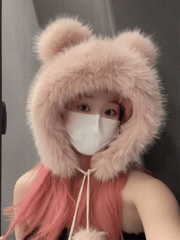 Chapéu de inverno feminino fofinho com orelhas de urso Kawaii, gorro de pele de raposa imitação de vison, pelúcia grossa, chapéu estilo japonês com proteção para as orelhas, boné para cosplay.