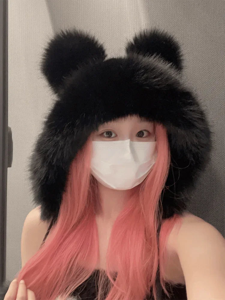 Chapéu de inverno feminino fofinho com orelhas de urso Kawaii, gorro de pele de raposa imitação de vison, pelúcia grossa, chapéu estilo japonês com proteção para as orelhas, boné para cosplay.