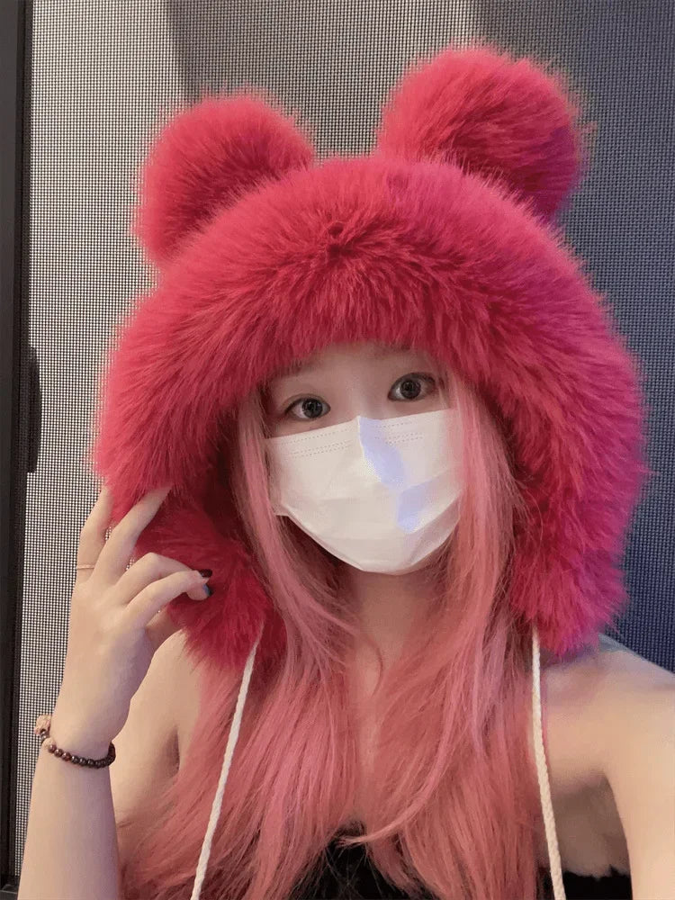 Chapéu de inverno feminino fofinho com orelhas de urso Kawaii, gorro de pele de raposa imitação de vison, pelúcia grossa, chapéu estilo japonês com proteção para as orelhas, boné para cosplay.