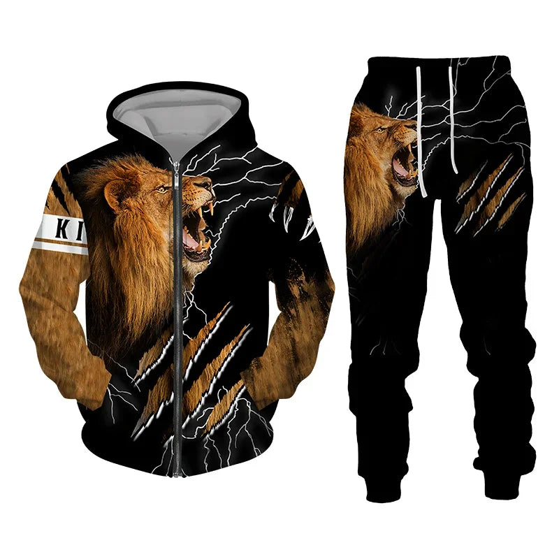 Conjunto de Moletom com Capuz com Zíper para Homens, Roupas de Outono Inverno, Conjunto de Treino, Impressão 3D de Animal Leão, Moletons e Calças, Roupas Casuais Oversize, Alta Qualidade.