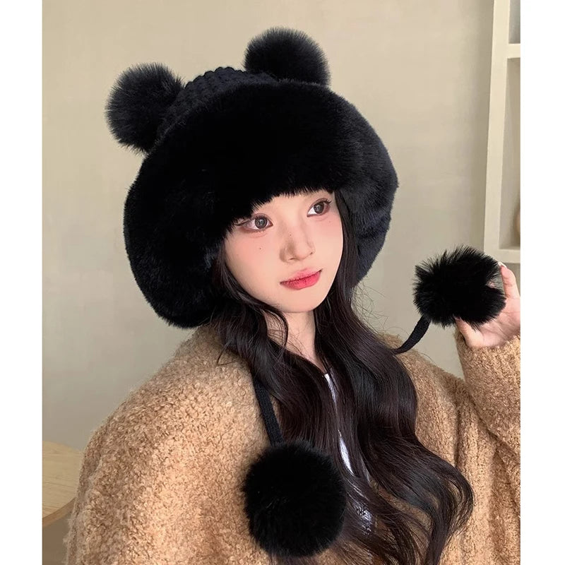 2025 new imitation rabbit fur warm winter hat for women cute thick white fluffy ball hat earmuffs slippers plush hat