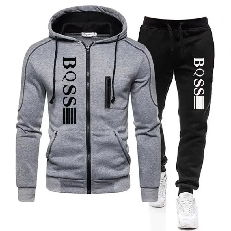 Conjunto Esportivo Masculino Outono Novo Casaco de Cardigan com Zíper + Calças de Moletom Listradas Corrida Fitness Basquete Jogging Conjunto de 2 Peças