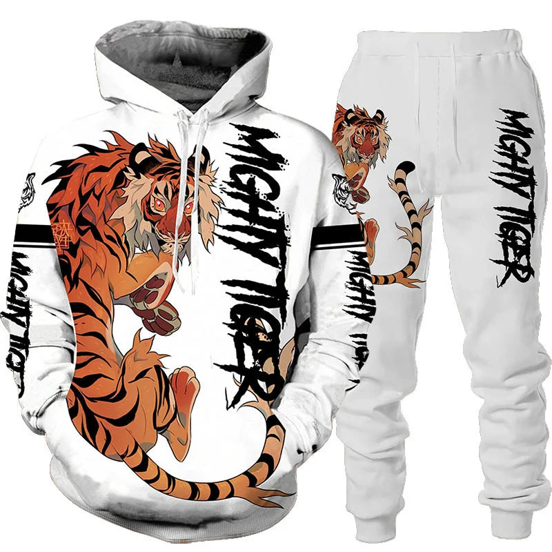 Novo Hooded Moletom e Calça 3D de Tigre Impresso Legal para Homens/Mulheres 2 Peças Conjunto de Roupas Esportivas Conjunto de Agasalho Outono e Inverno Roupas Masculinas