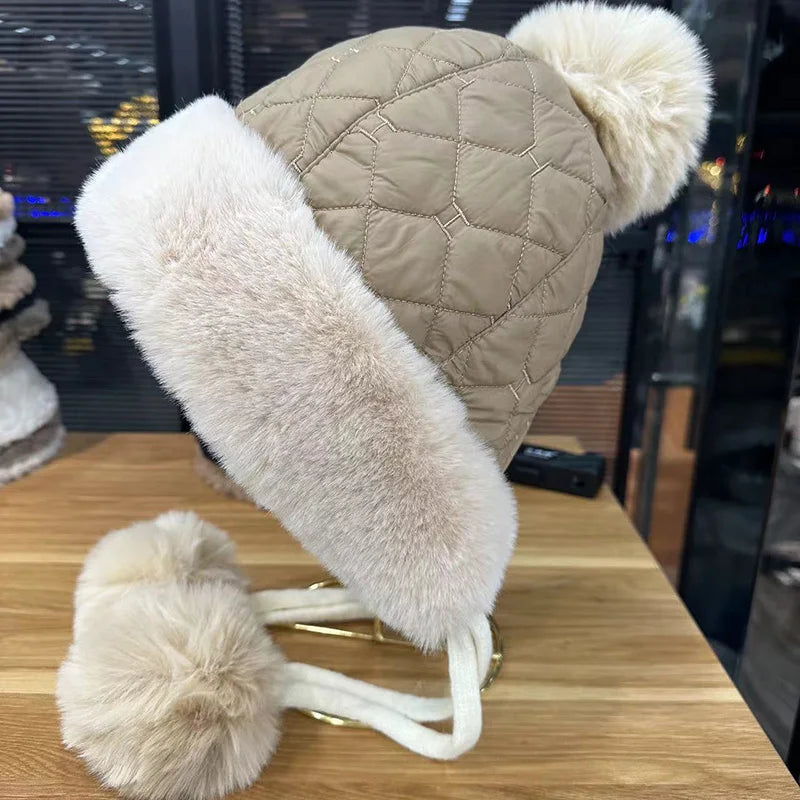 2025 new imitation rabbit fur warm winter hat for women cute thick white fluffy ball hat earmuffs slippers plush hat