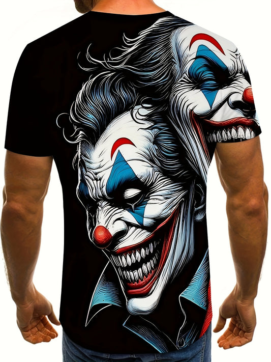 Camiseta Masculina 3D Estampa de Palhaço, Camiseta Casual de Manga Curta com Gola Redonda, Tecido de Malha de Poliéster com Leve Elasticidade, Top de Fantasia Esportiva de Ajuste Regular para Atividades ao Ar Livre